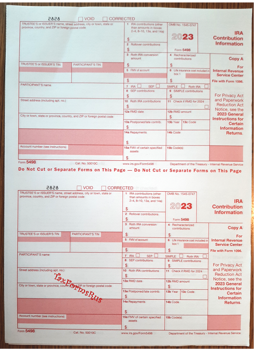 2023 IRS Tax Form 5498 Single Sheet Set For 2 Participants NON 