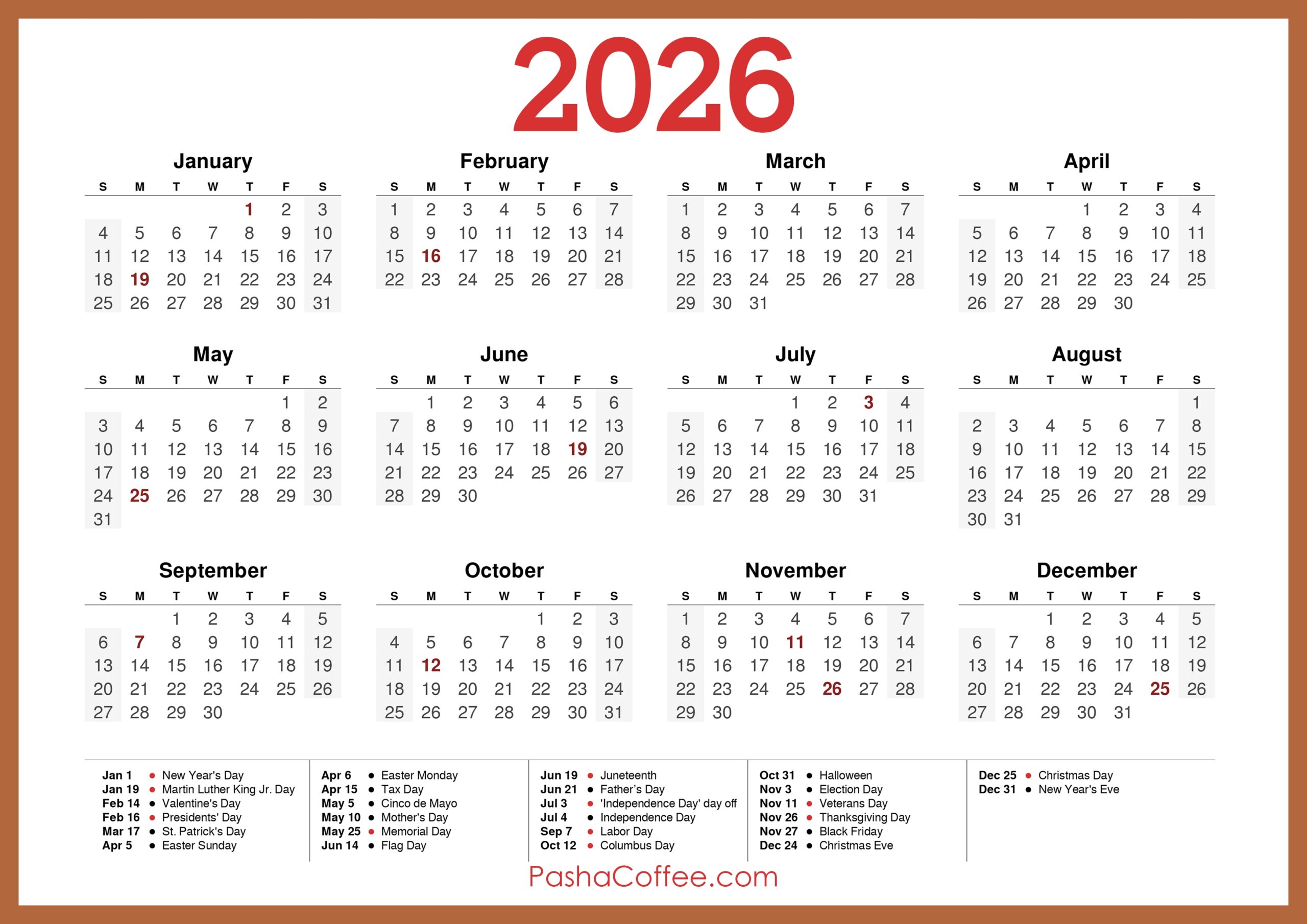 2026 Calendar With Holidays Printable Free Horizontal Beige 