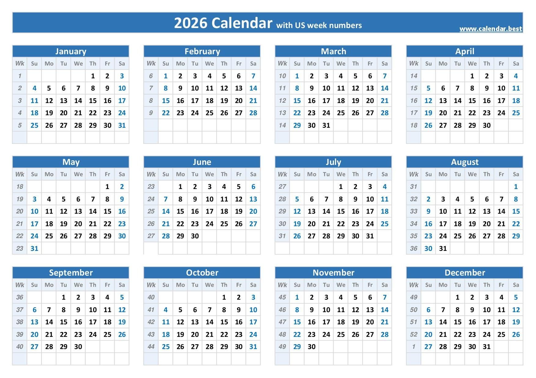 Blank Weekly Calendar 2026 Printable