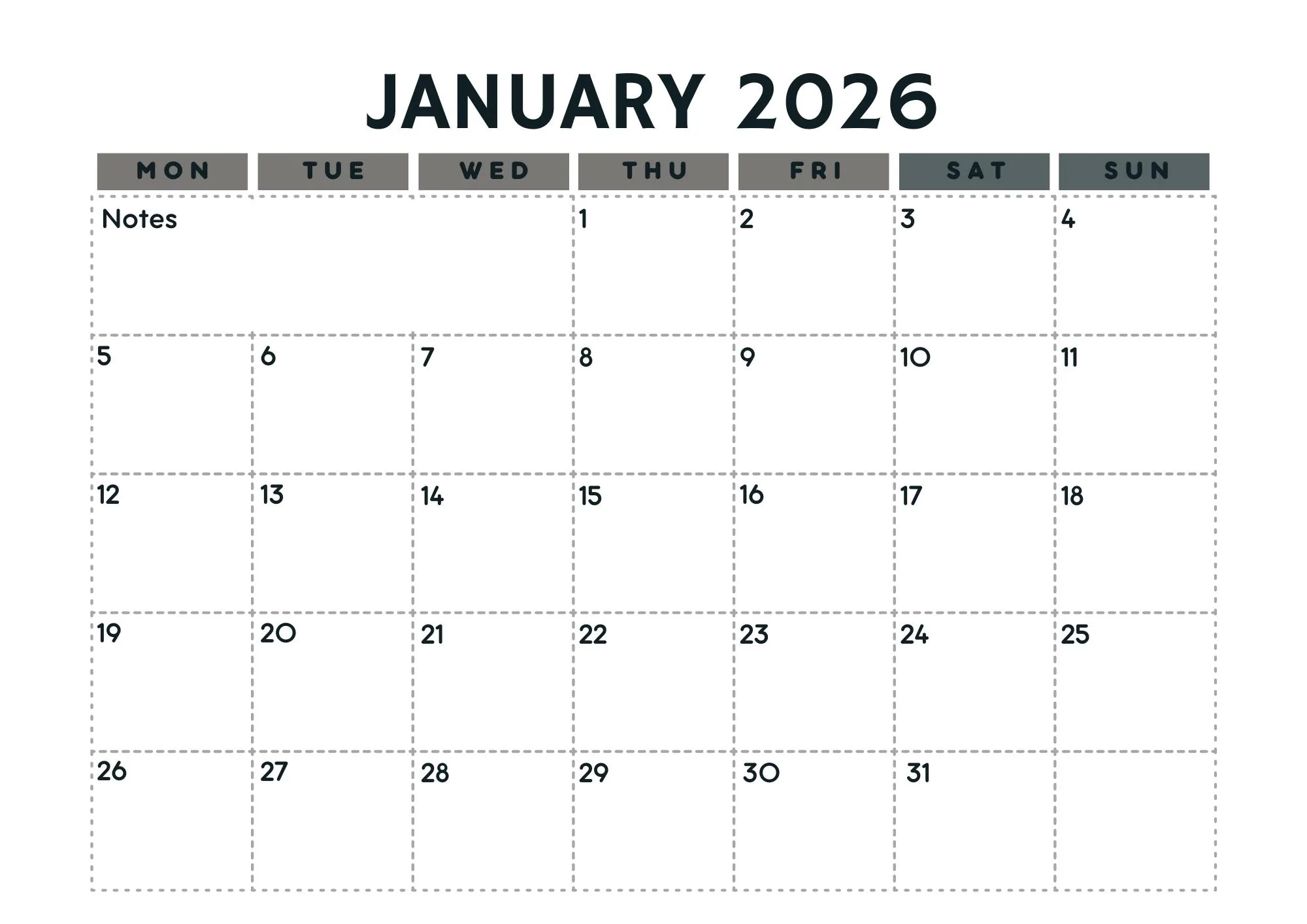 Printable Blank Calendar 2026 Vertex
