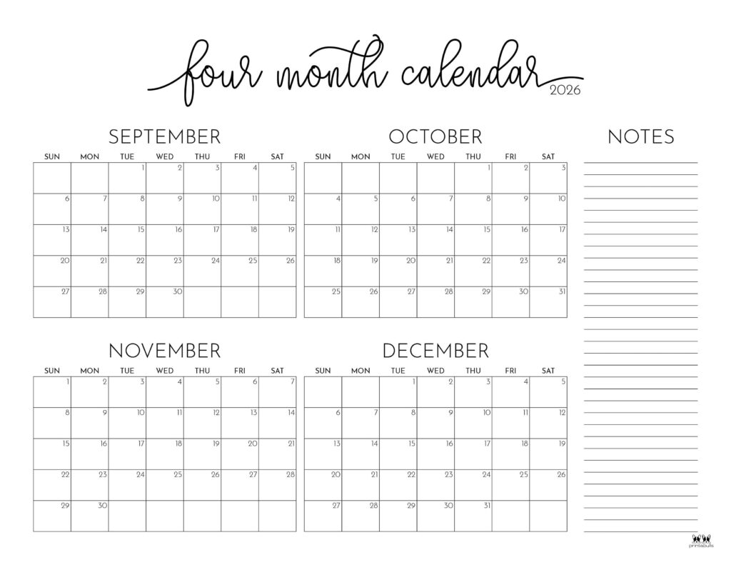 October Through December 2026 Calendar Printable