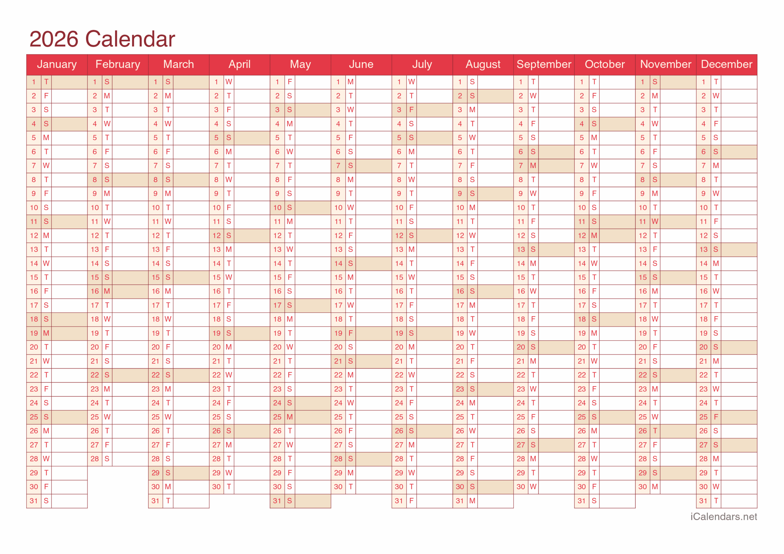 2026 Horizontal Calendar Printable