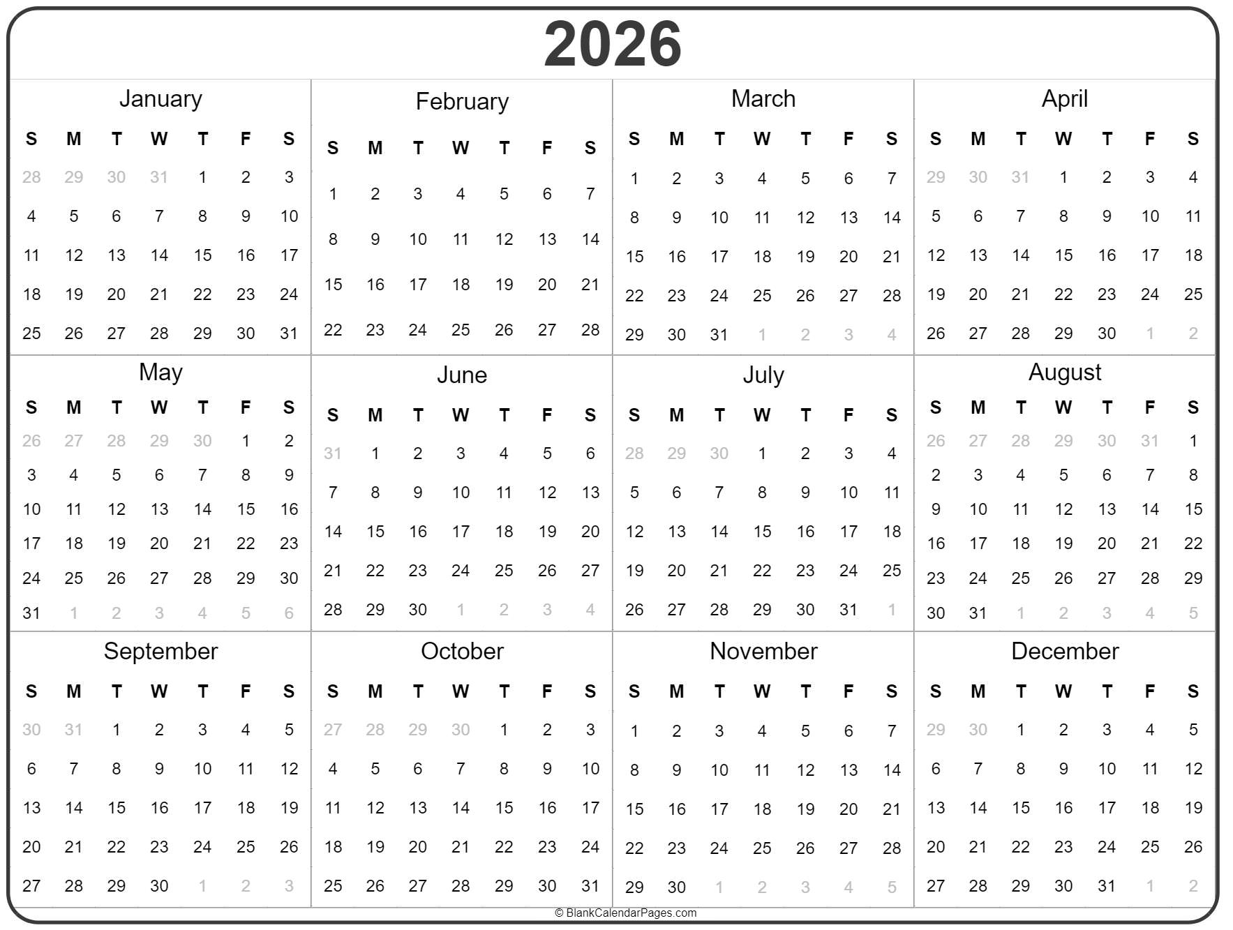 2026 Calendar Printable Landscape