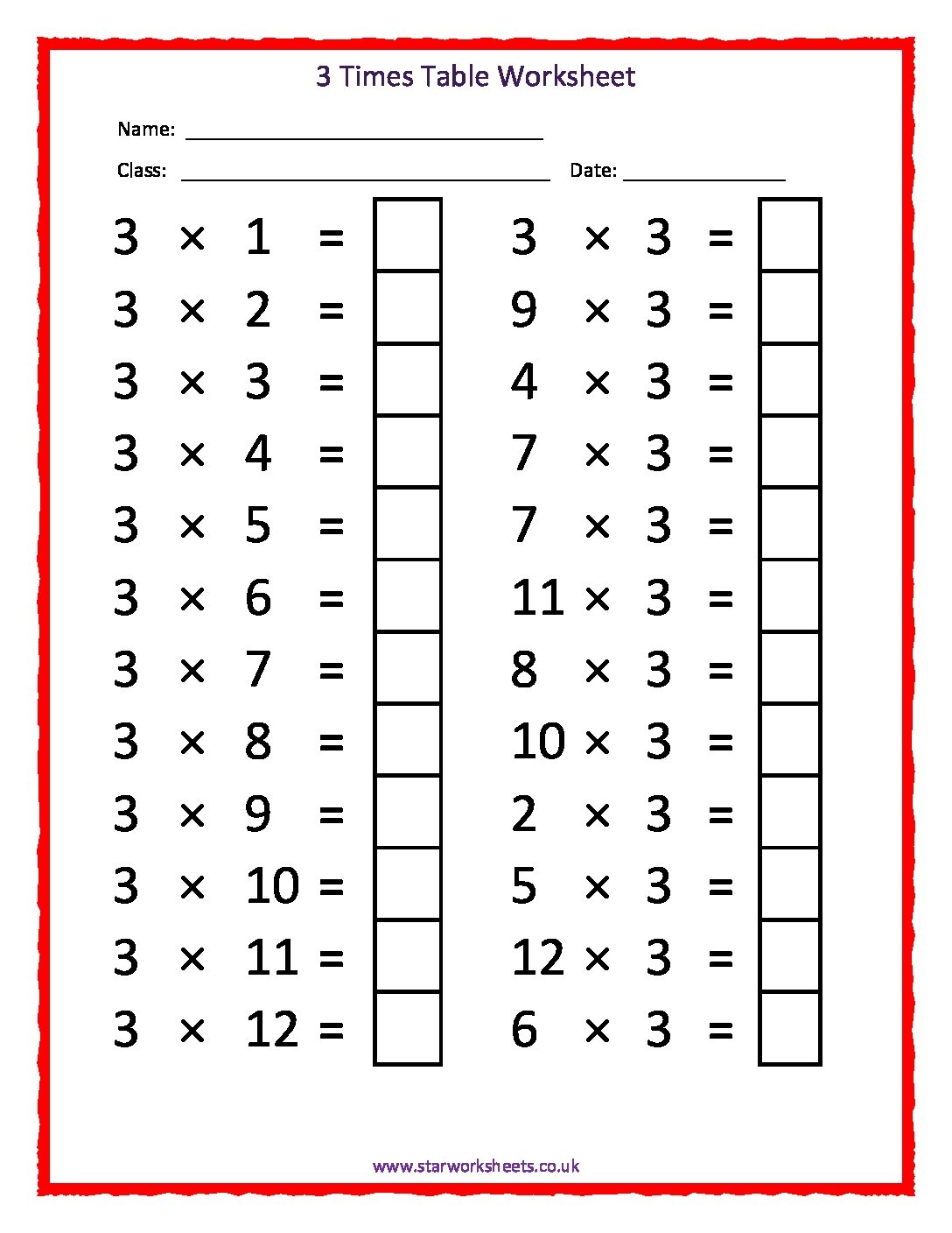 3 Times Table Worksheet Printable Pdf