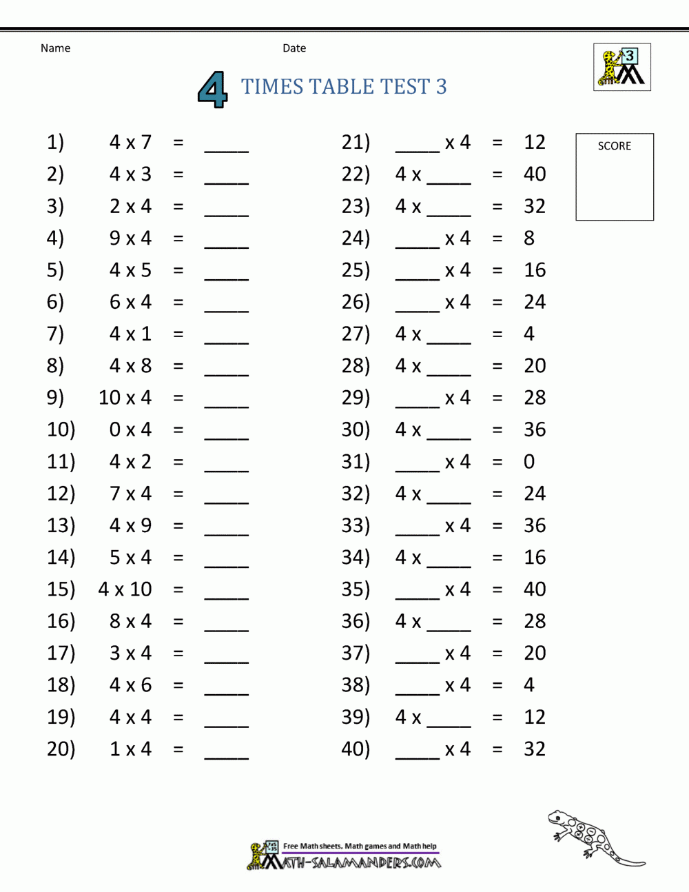 4 Times Table Worksheet Page