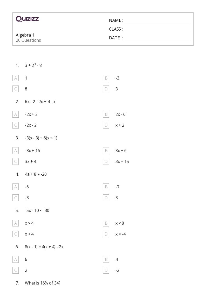 Algebra 1 Printable Worksheets 9th