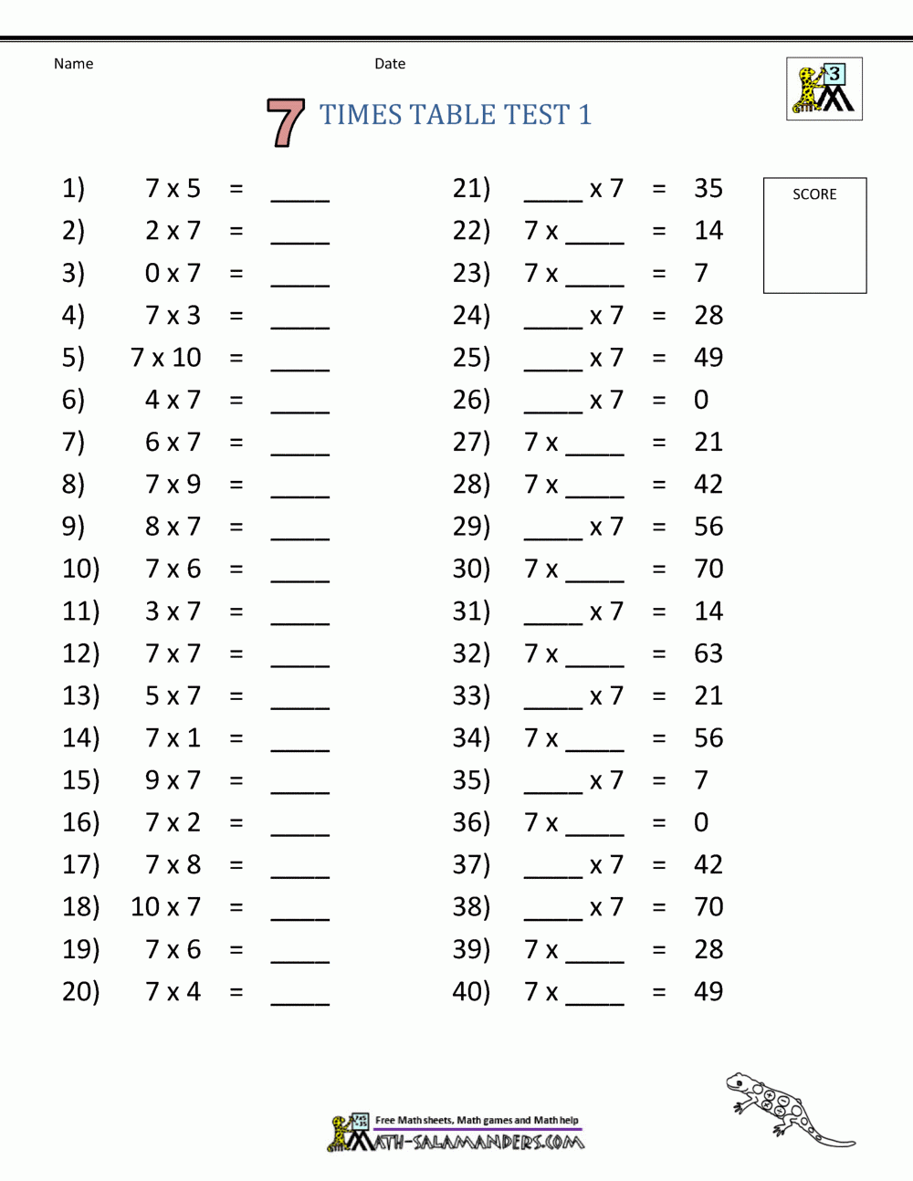 Free Multiplication Worksheets Printable 7s