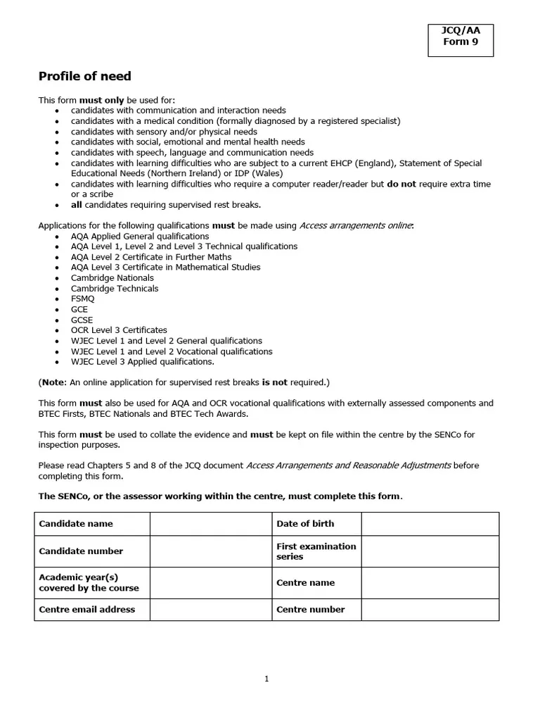Access Arrangements Form PDF Disability
