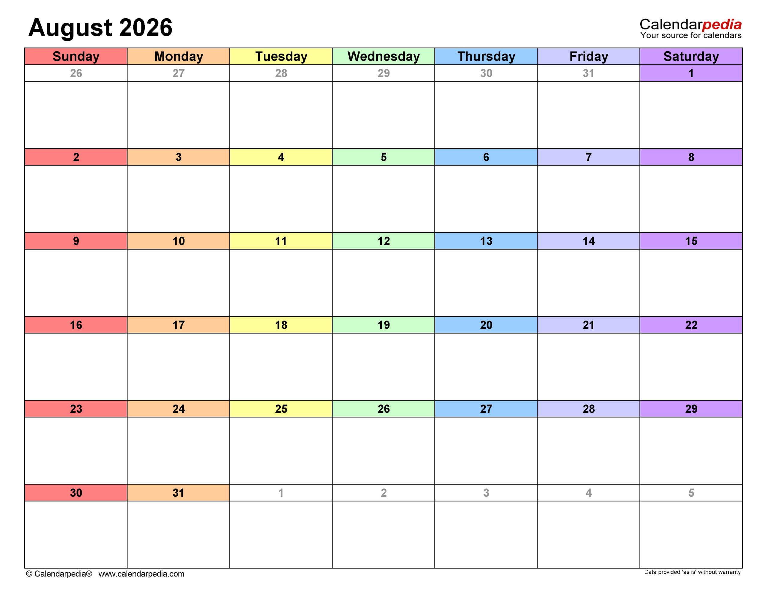 August 2026 Calendar Templates For PDF Excel And Word