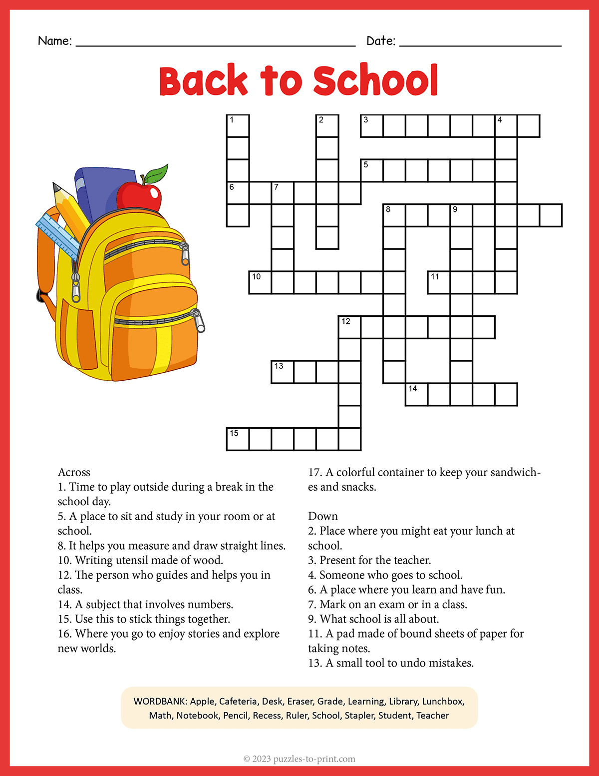 Back To School Crossword Puzzles Printable