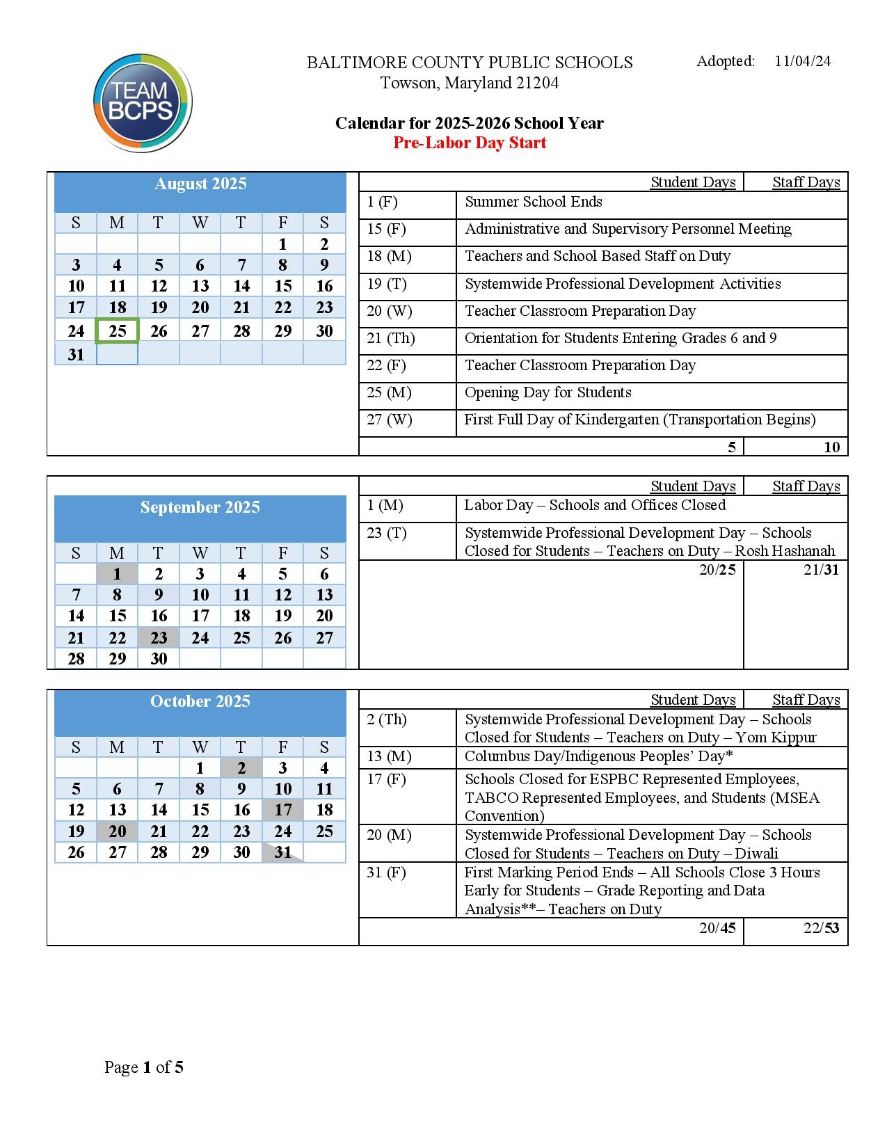 Baltimore County Public Schools Calendar 2025 2026