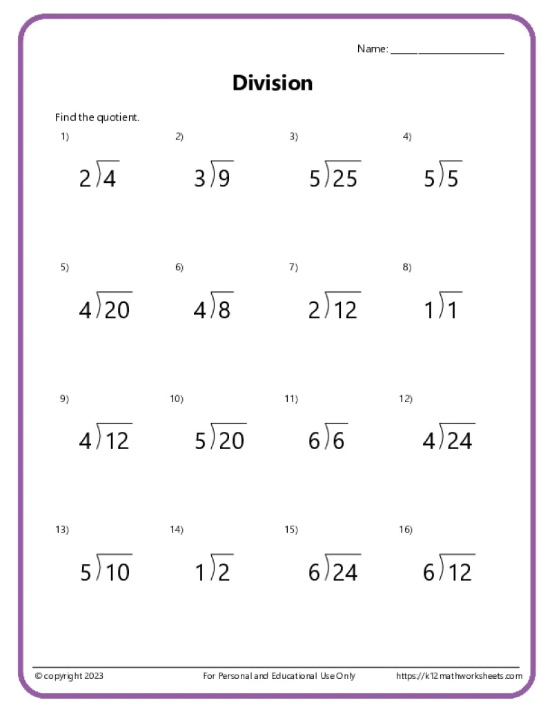 Printable Division Worksheets Grade 4