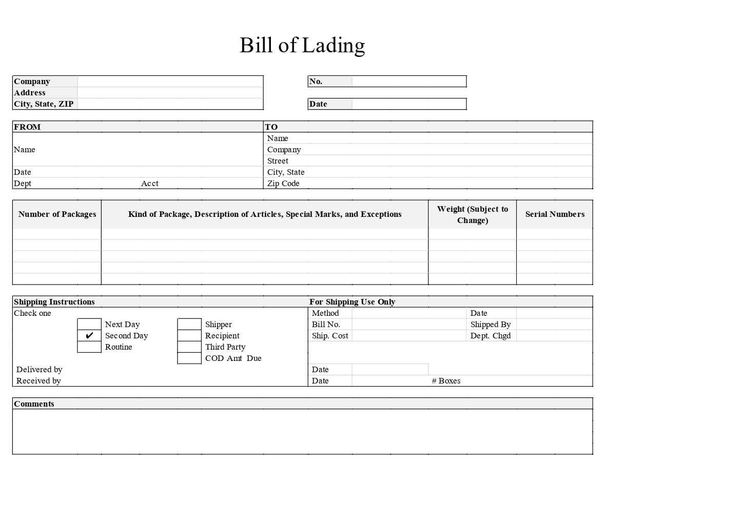 Printable Template Bill Of Lading Form