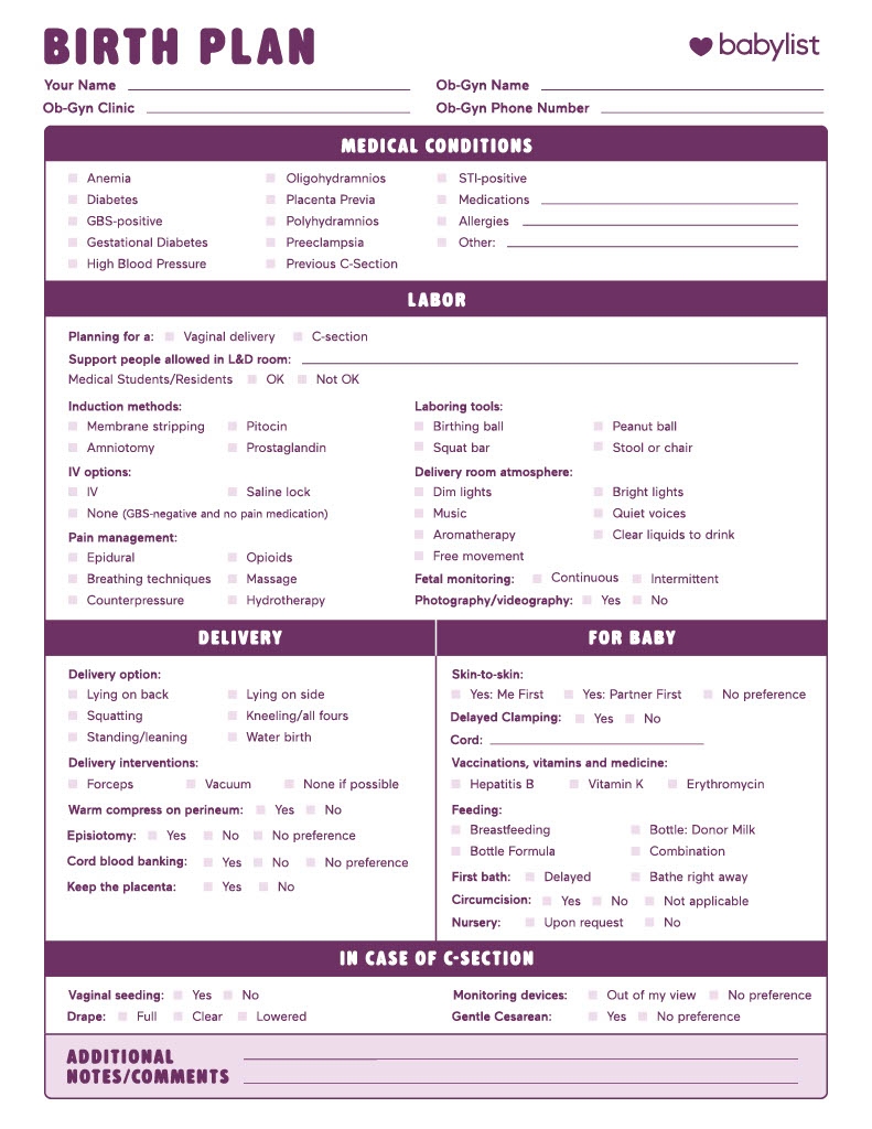 Printable Birth Plan Template Free Pdf