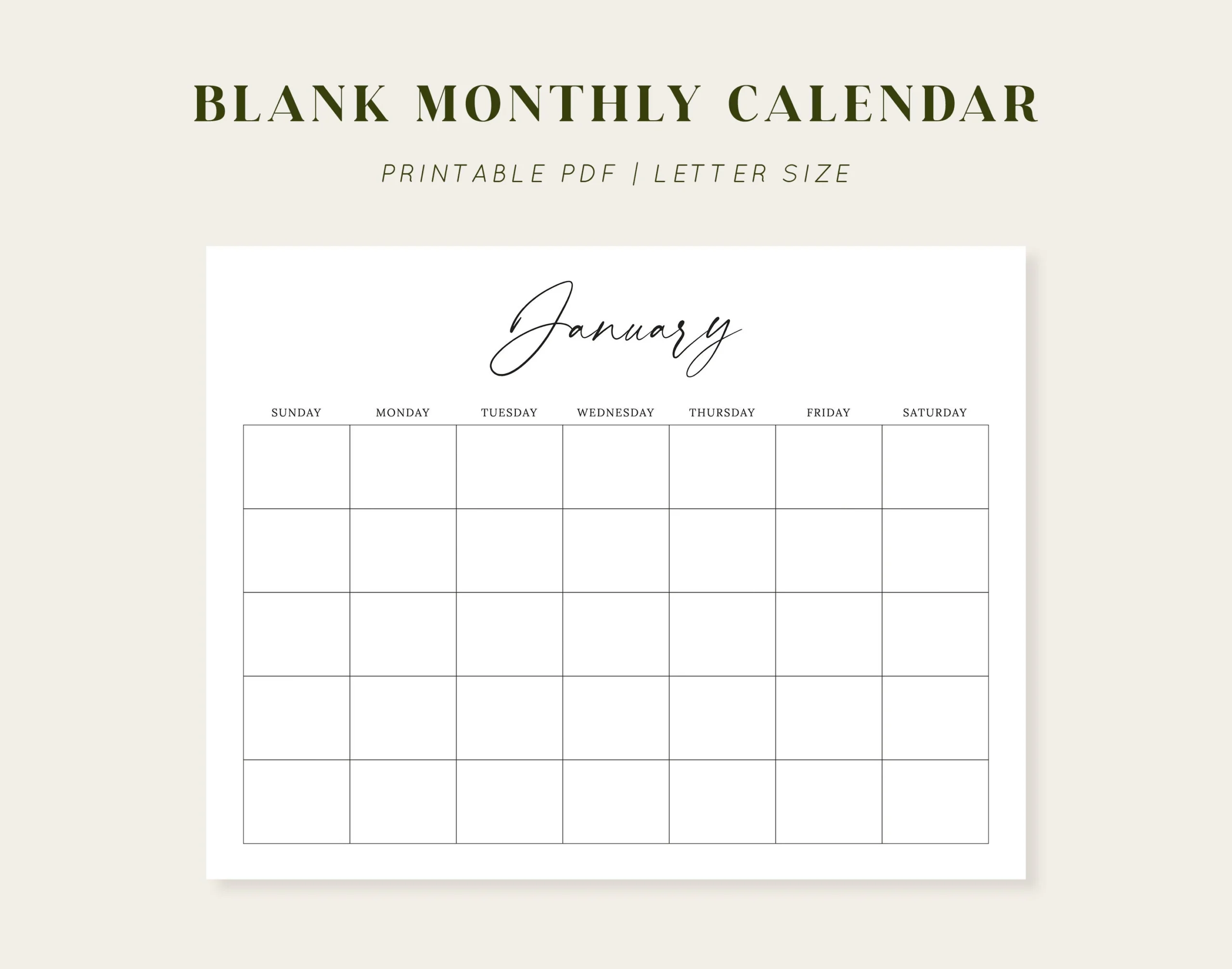Blank Monthly Calendar Printable Calendar 8 5x11 Letter Size 