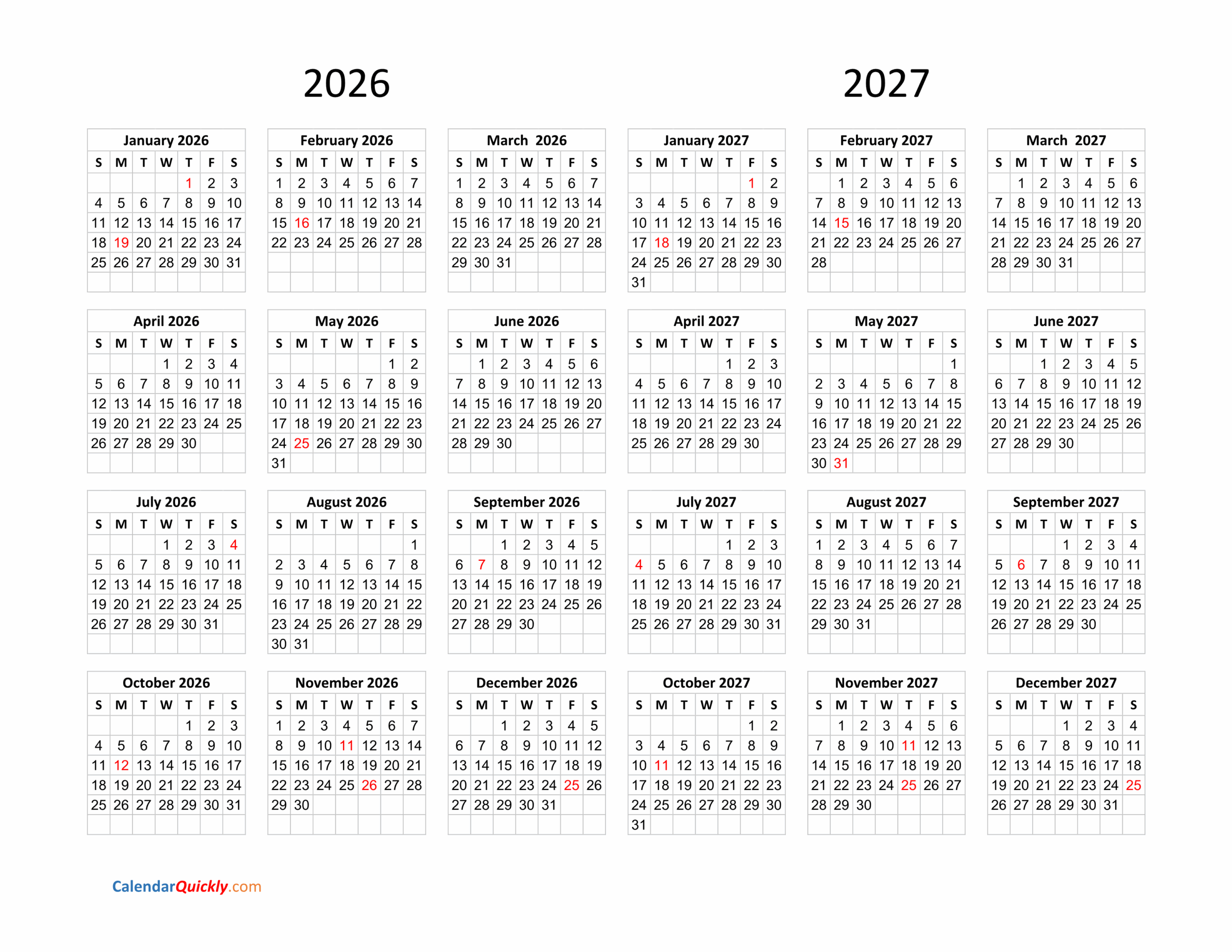 Calendar 2026 And 2027 On One Page Calendar Quickly