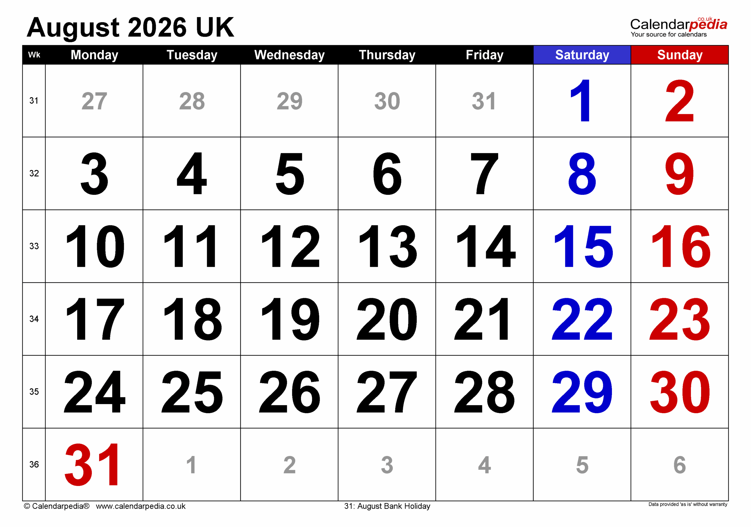 August 2026 Calendar Printable