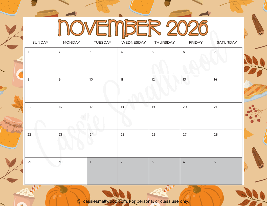 Fall November 2026 Printable Calendar