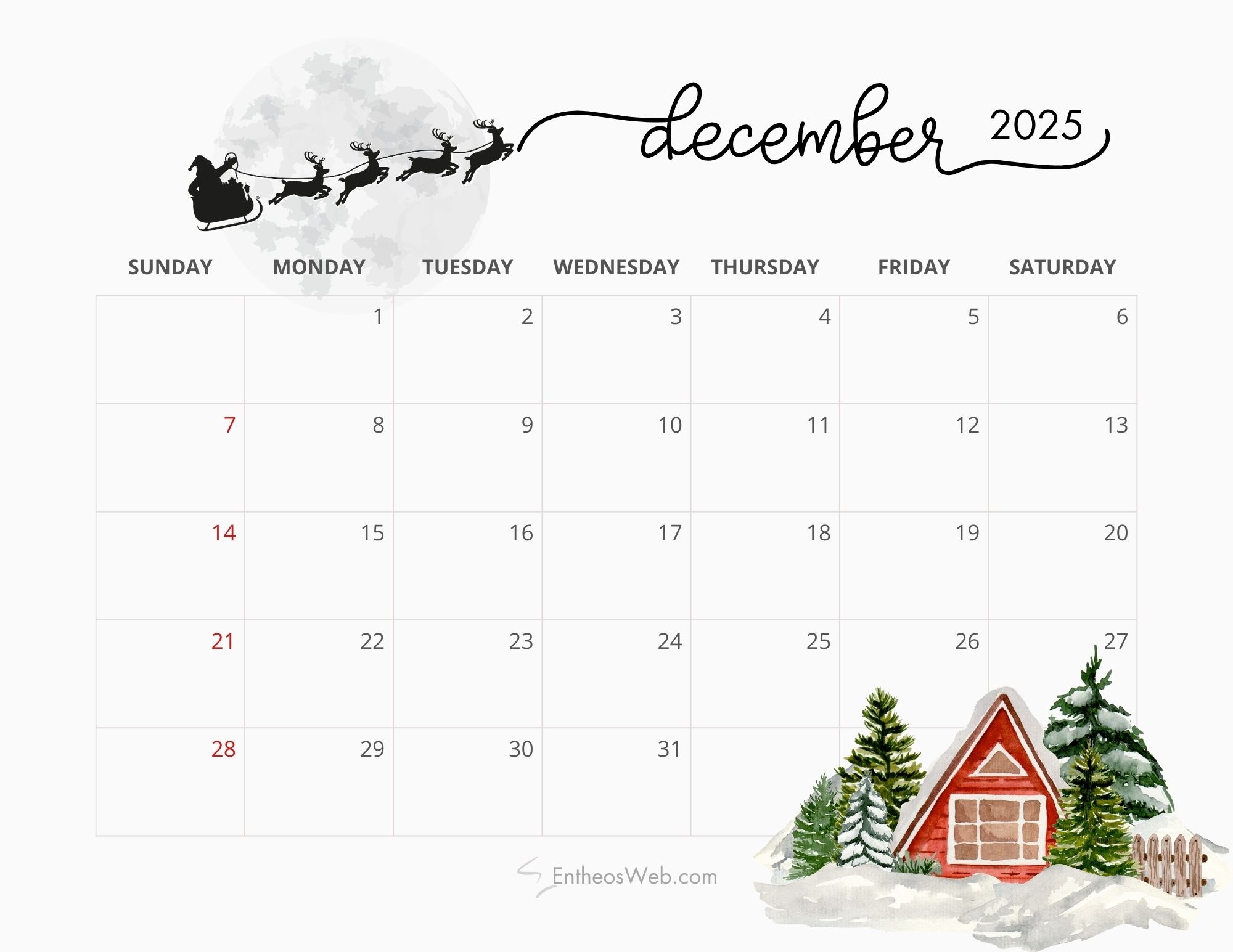 Christmas Printable December 2025 Calendars EntheosWeb