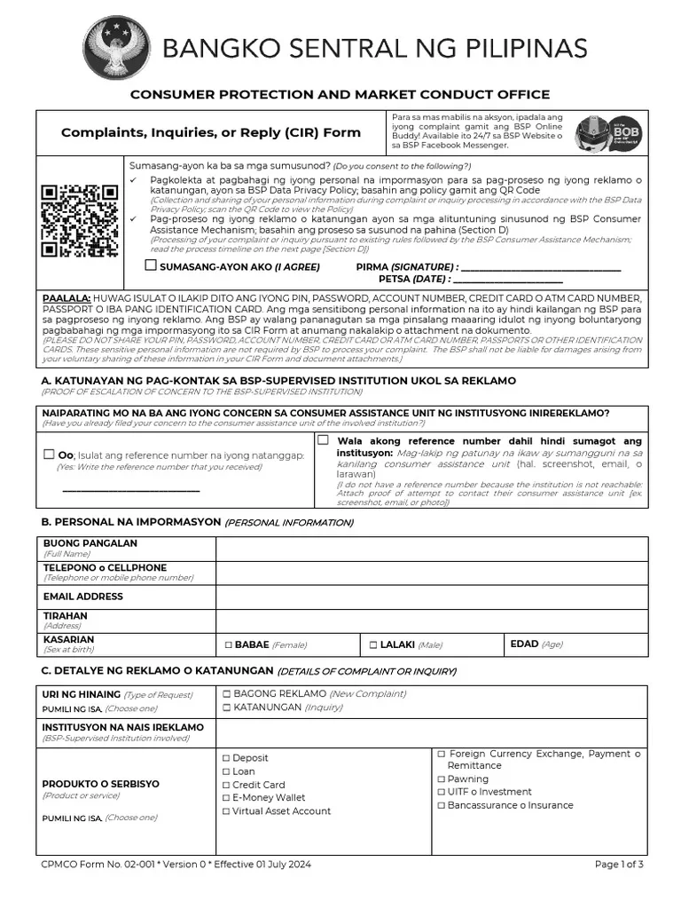 CIR Form Bangko Sentral PDF Automated Teller Machine