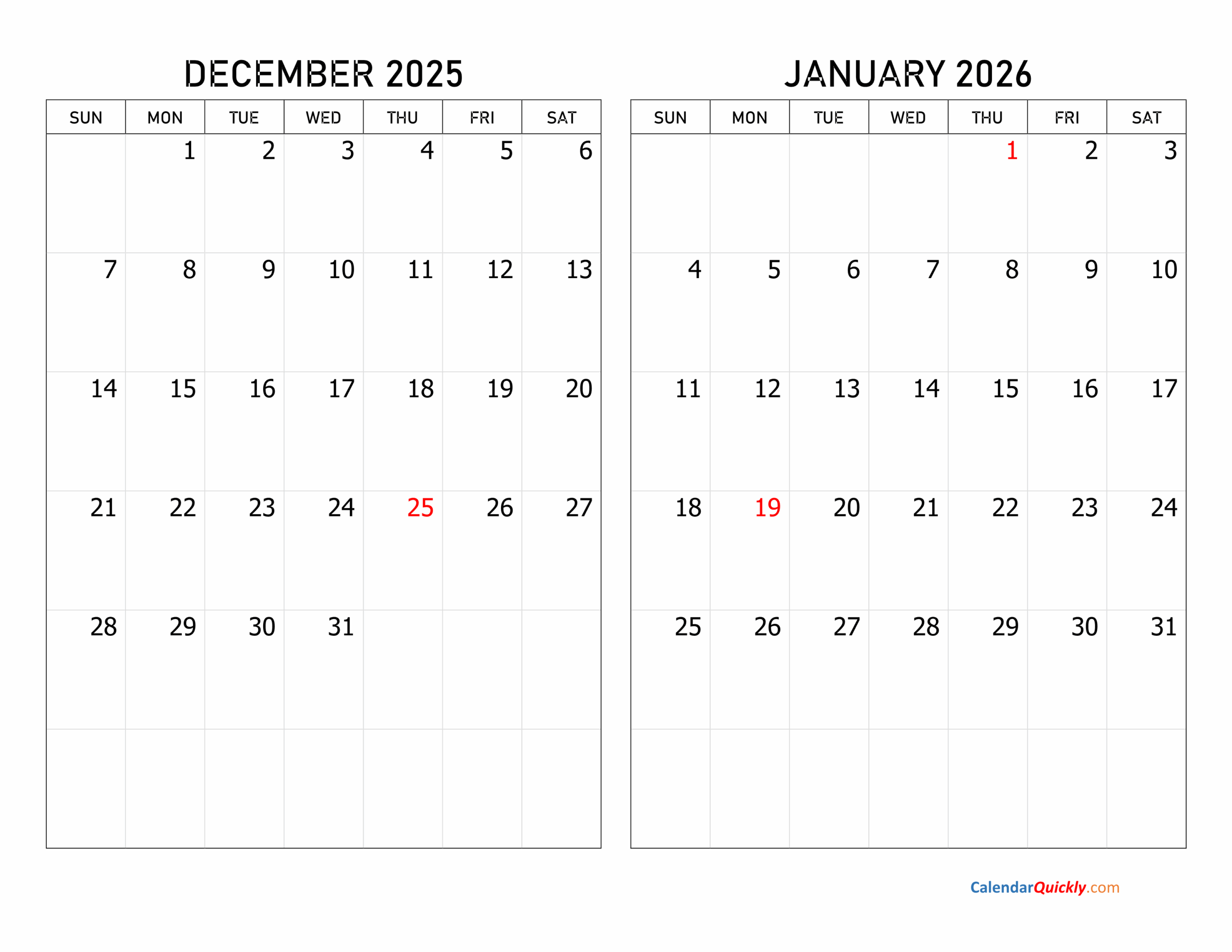 December 2025 January 2026 Printable Calendar