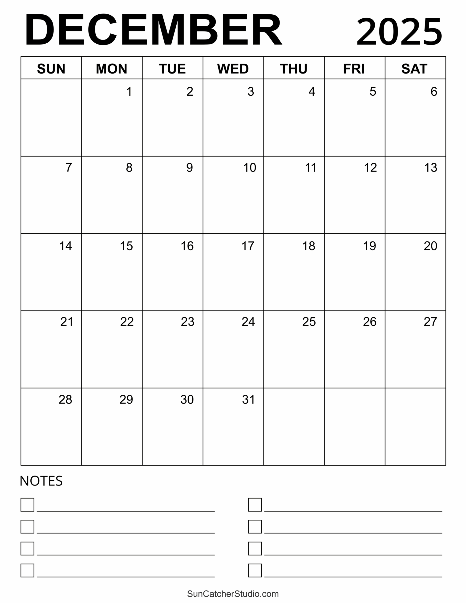 Printable December 2025 Calendar With Squares