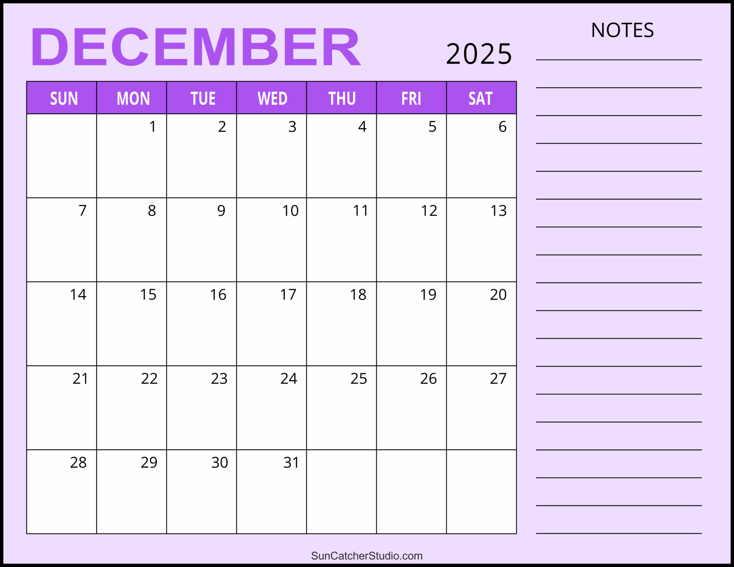 Printable December 2025 Calendar Cursive