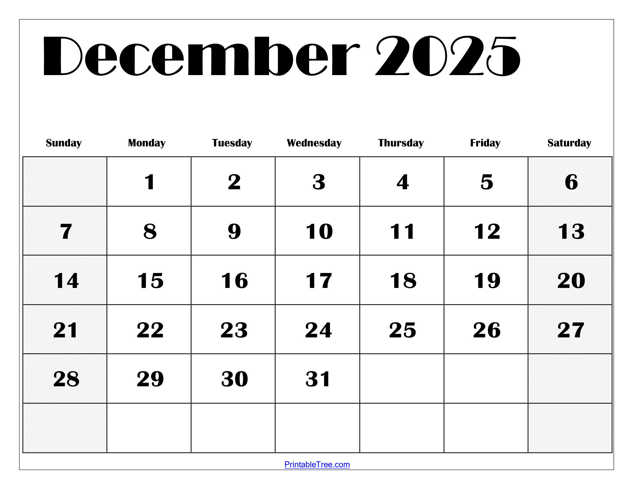 Printable Calendar December 2025 Weekly
