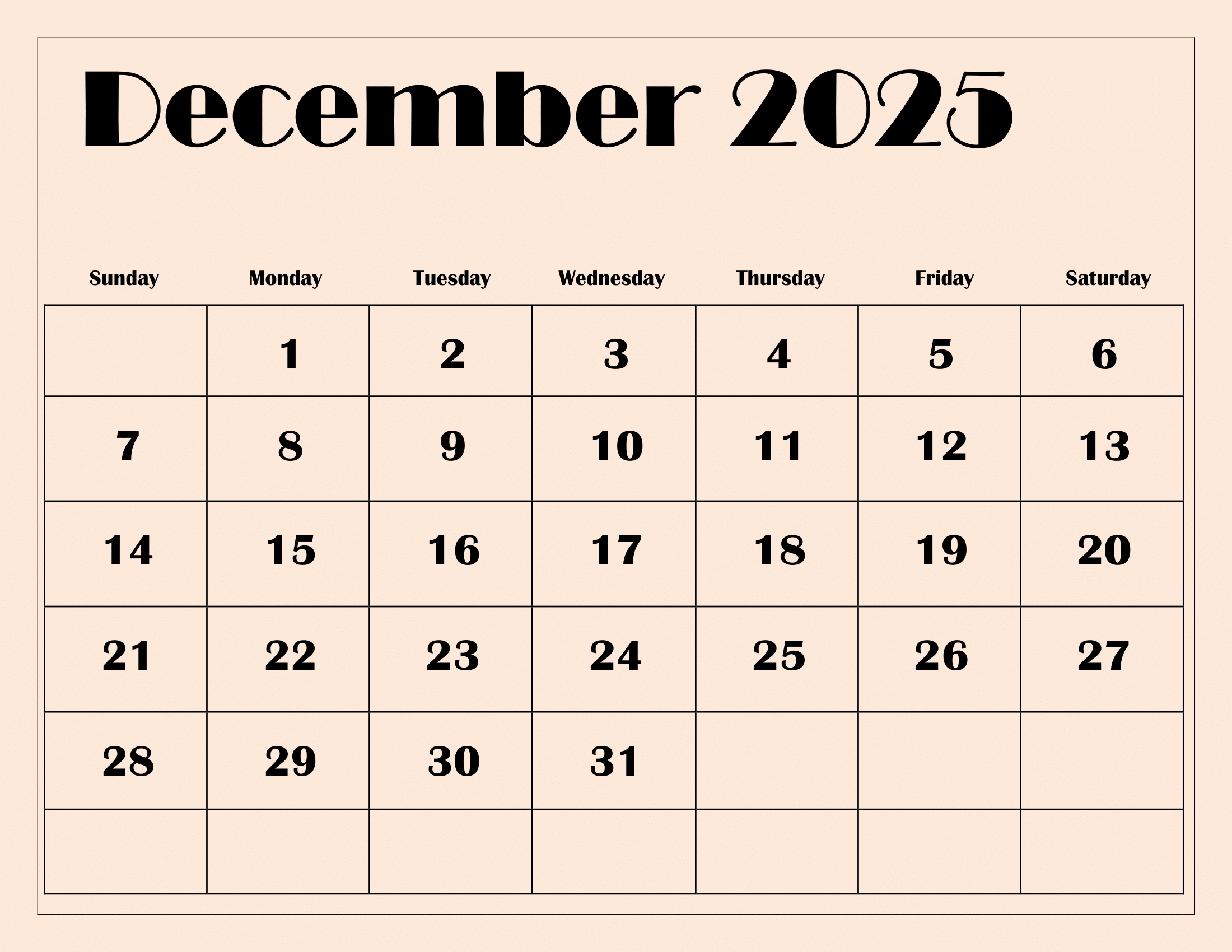 December 2025 Printable Daily Calendar