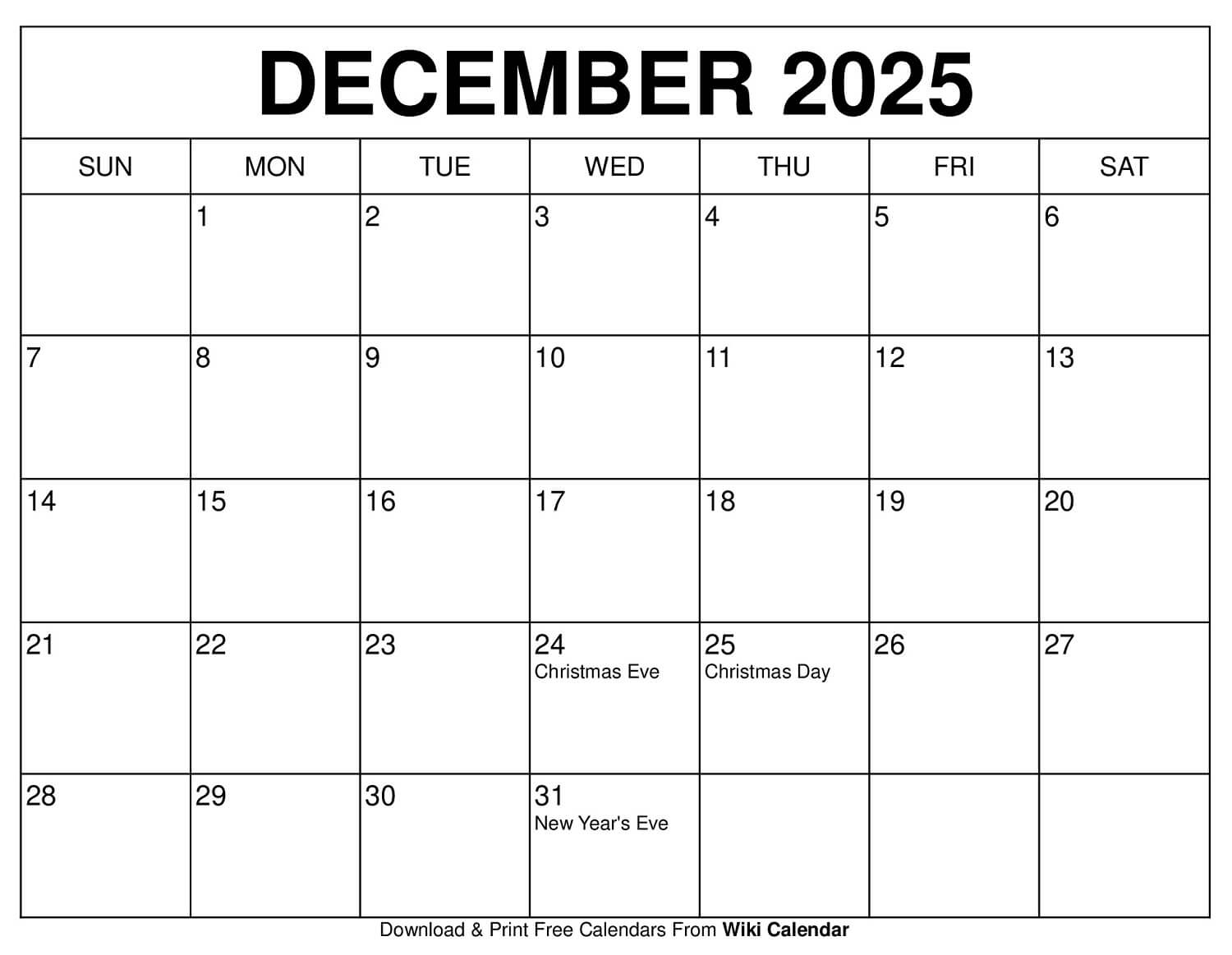 December Christmas Calendar 2025 Printable