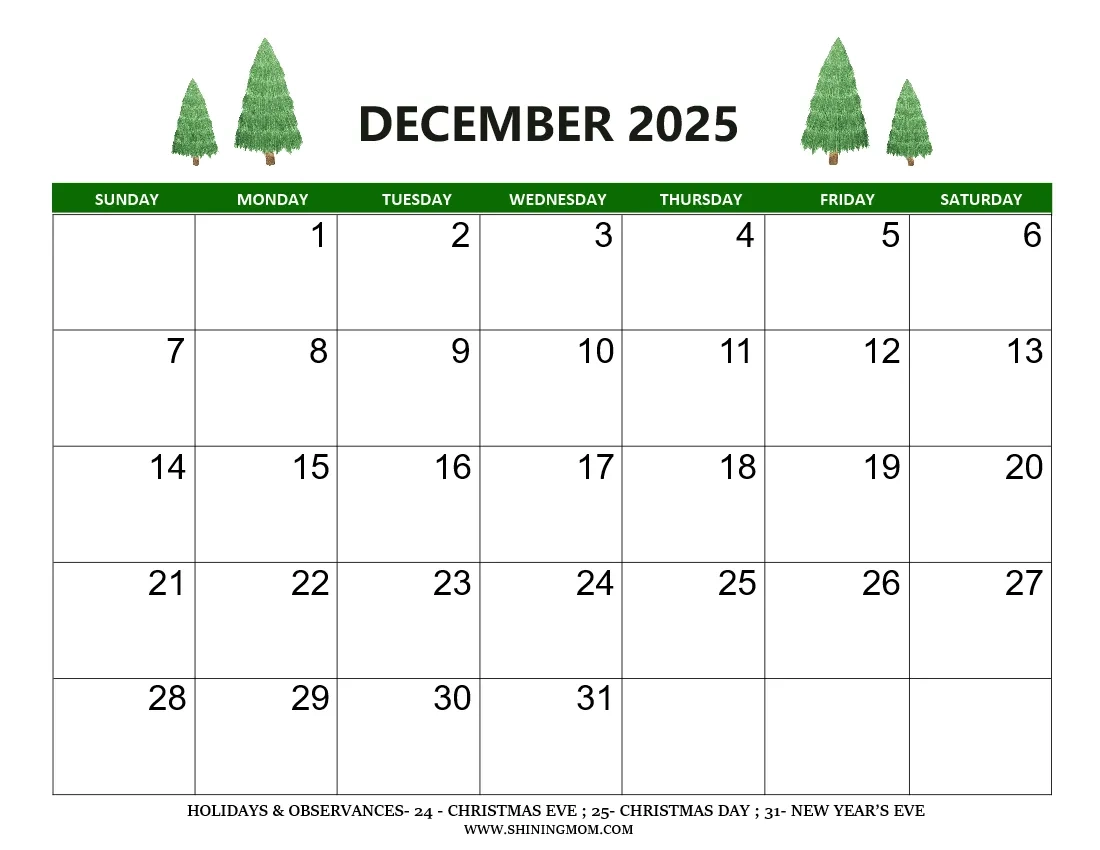 Free December 2025 Calendar Printable Christmas