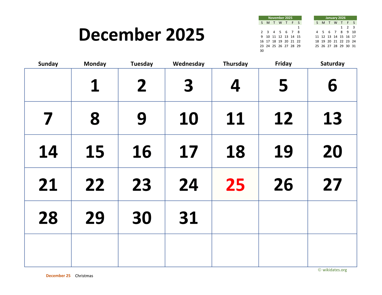 December 2025 Calendar Printable Wiki