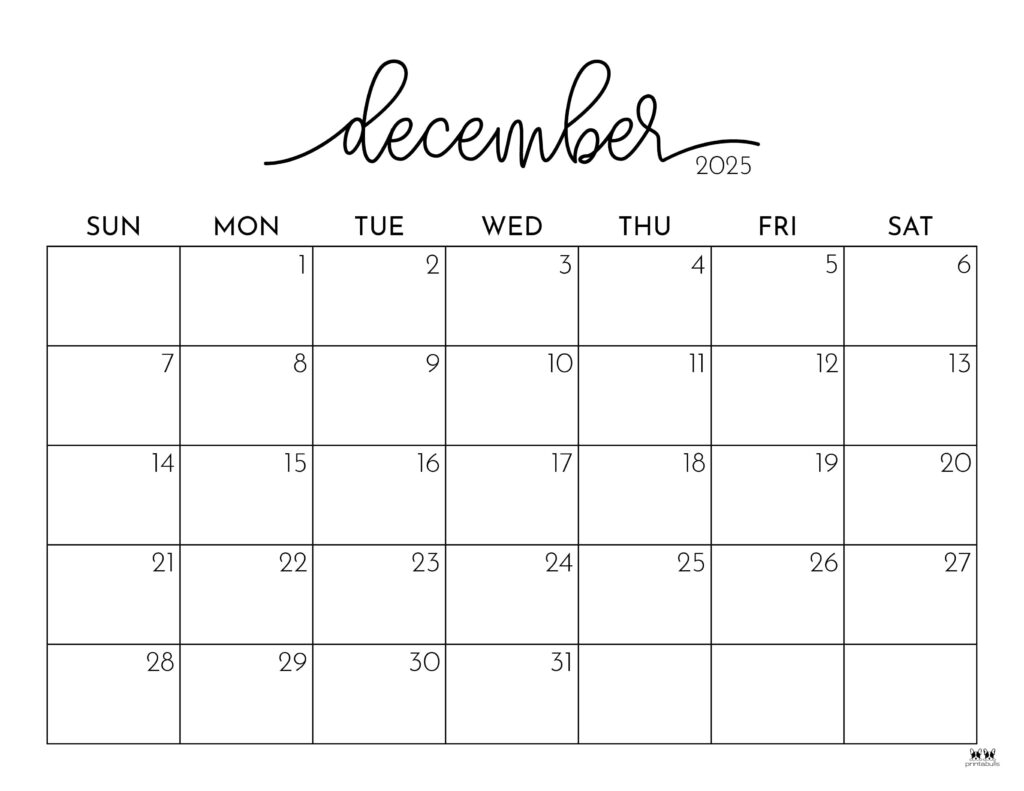 Kawaii December 2025 Calendar Printable