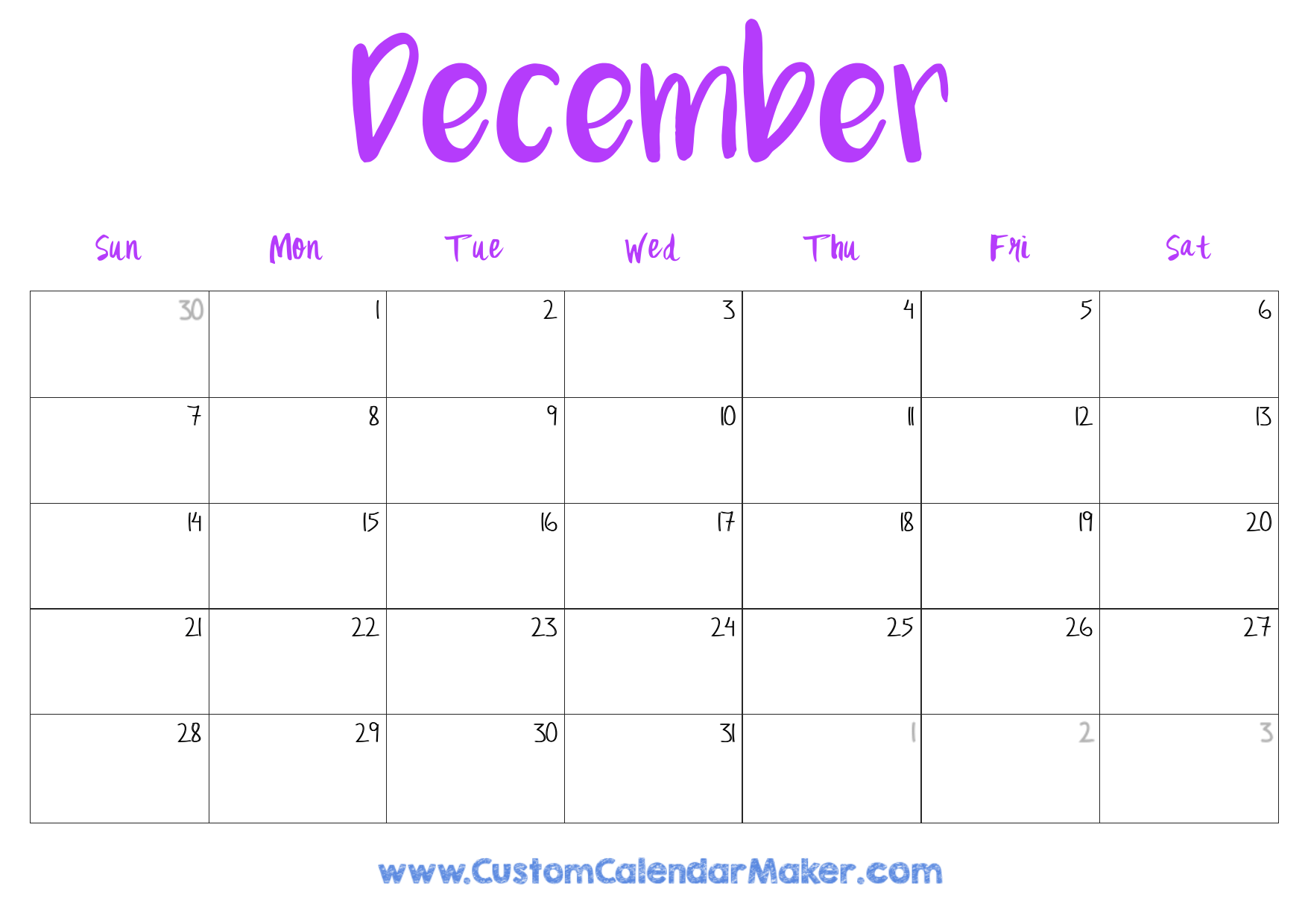 December 2025 Printable Calendar Big Boxes