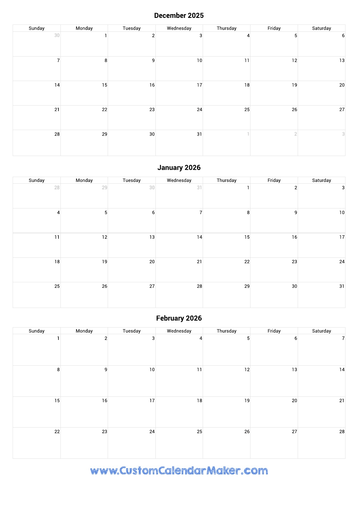 December 2025 To February 2026 Calendar Printable Custom 
