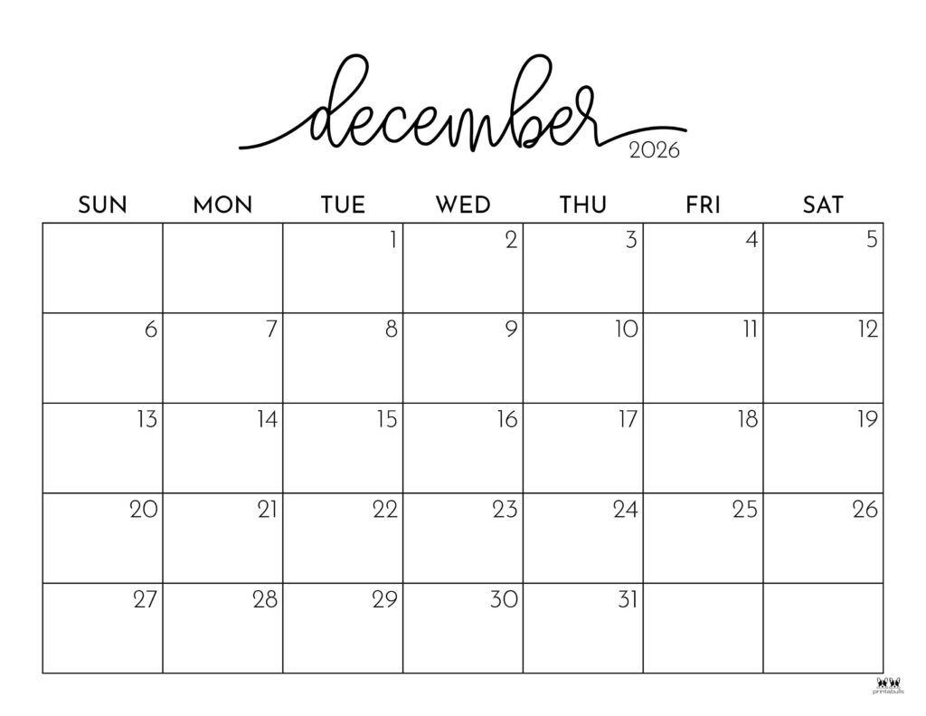 November December 2026 Calendar Free Printable