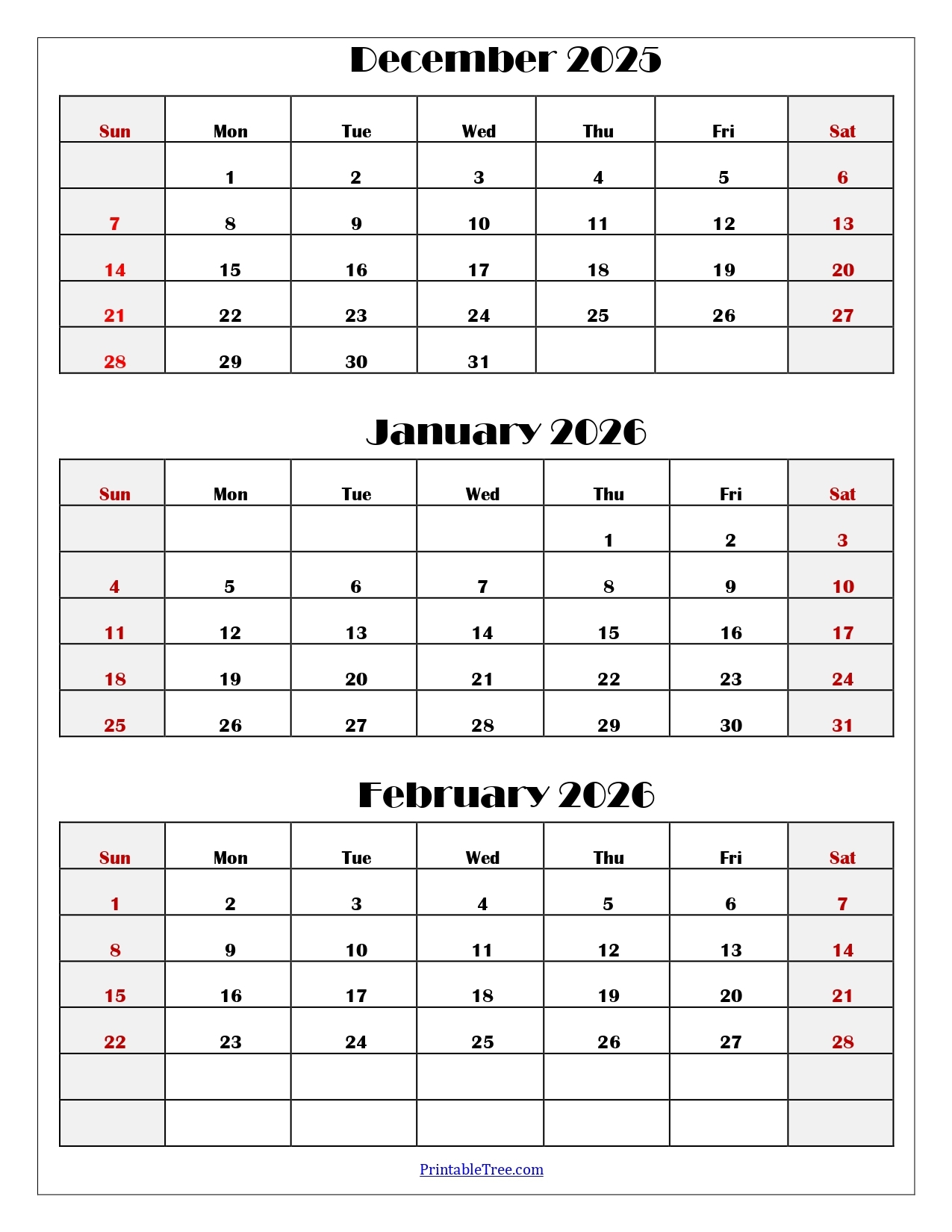 Printable Calendar December Through February