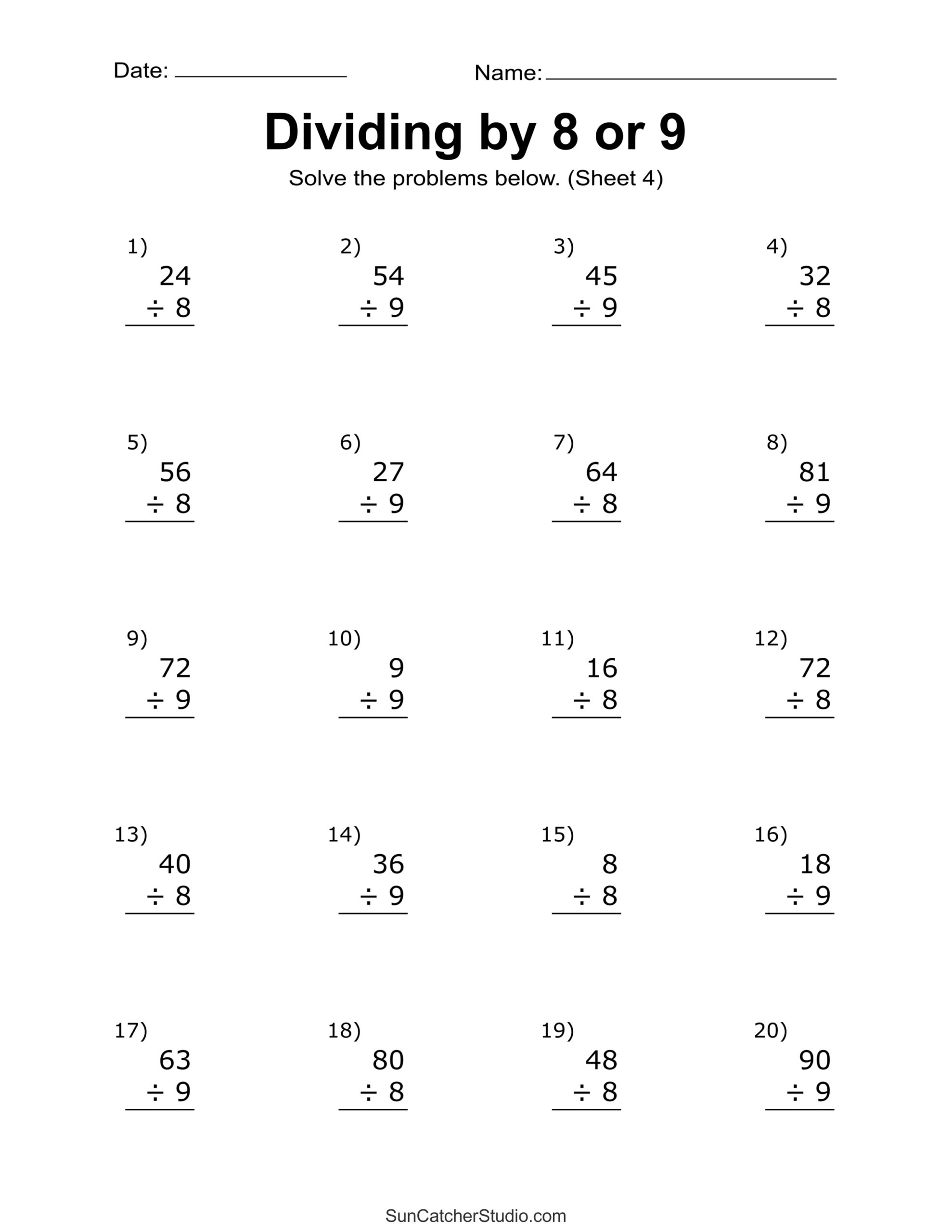 Division Printable Worksheets 3rd Grade