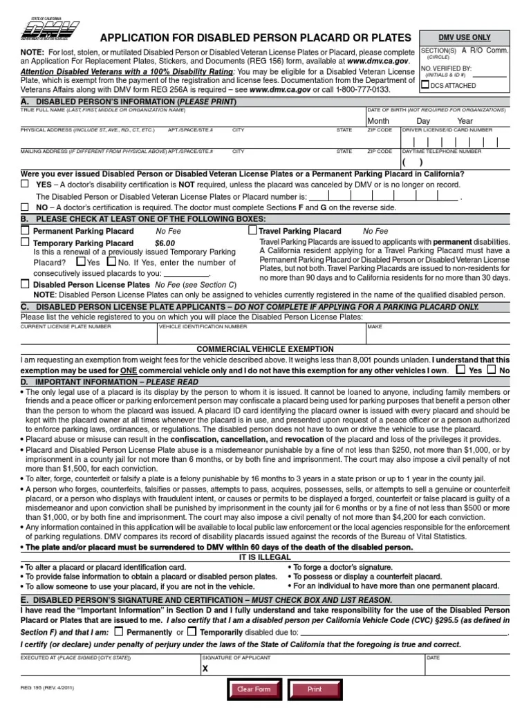 DMV Disabled Parking Application PDF Department Of Motor 
