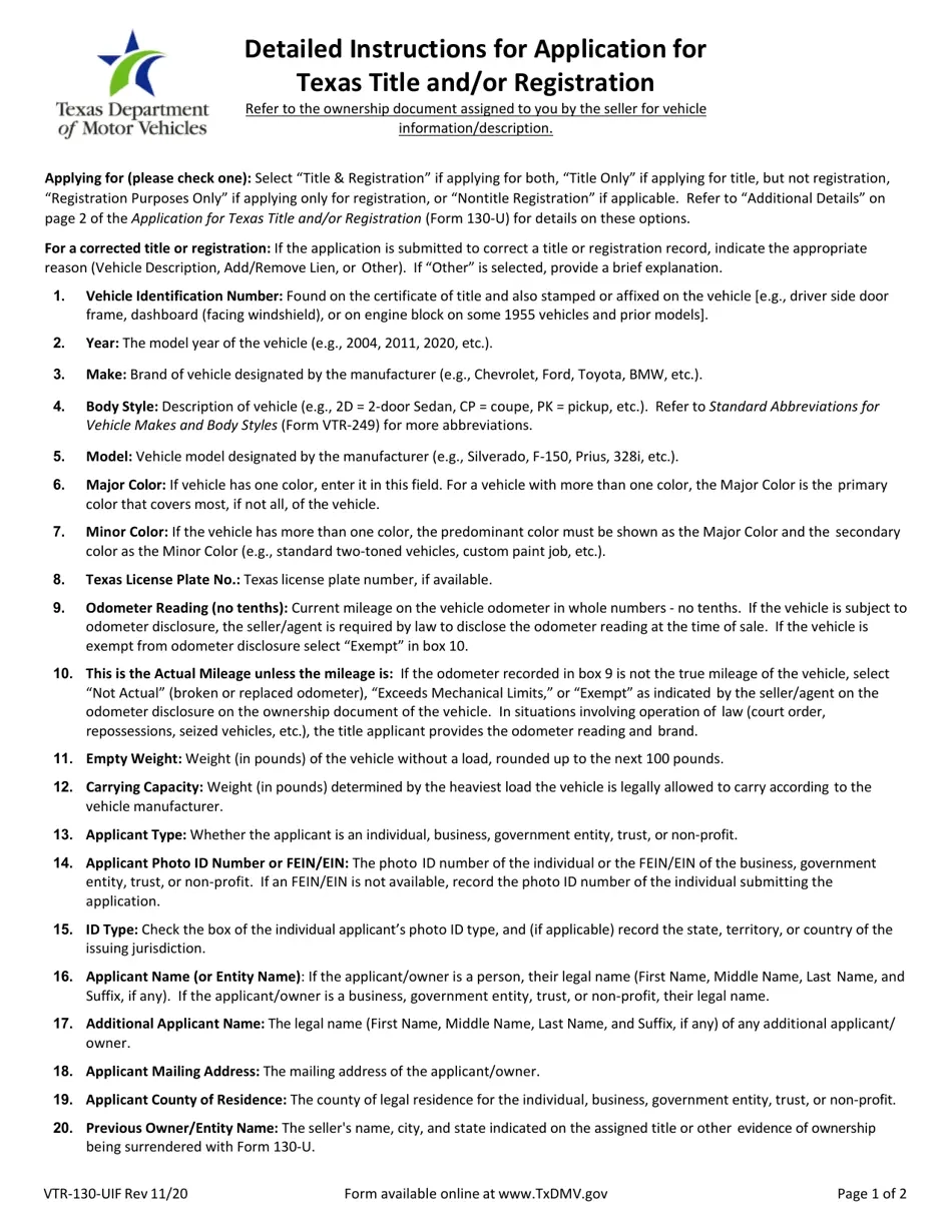 Download Instructions For Form VTR 130 U Application For Texas 