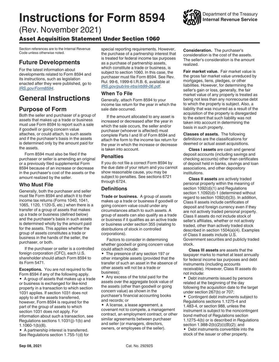 Asset Acquisition Irs Form 8594 Instructions