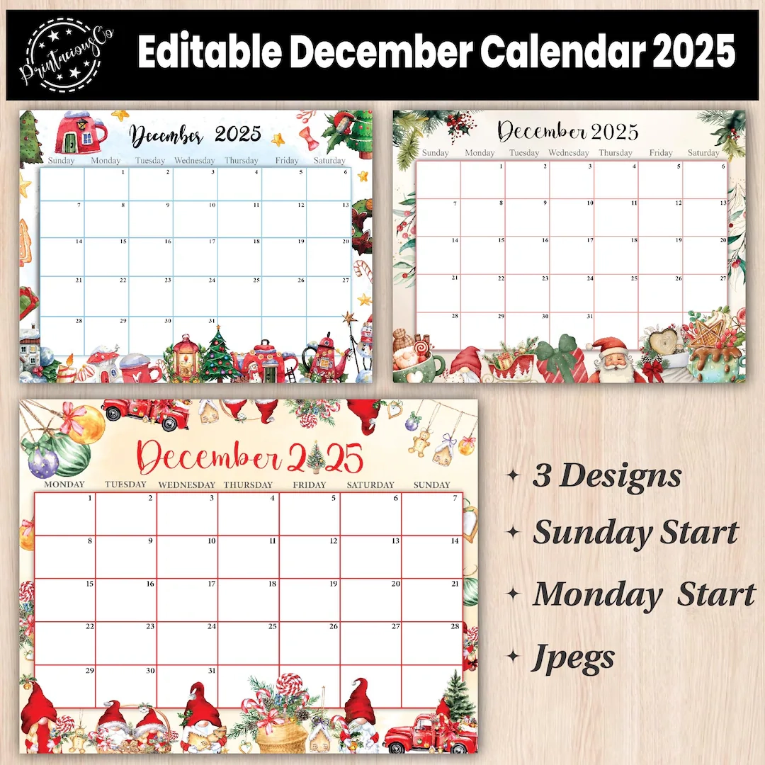 Editable December 2025 Calendar Printable Monthly Planner PDF 