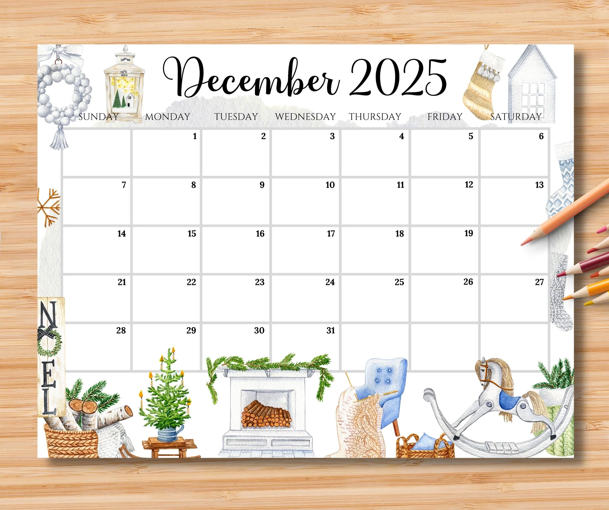 EDITABLE December 2025 Calendar Scandinavian Christmas Planner 
