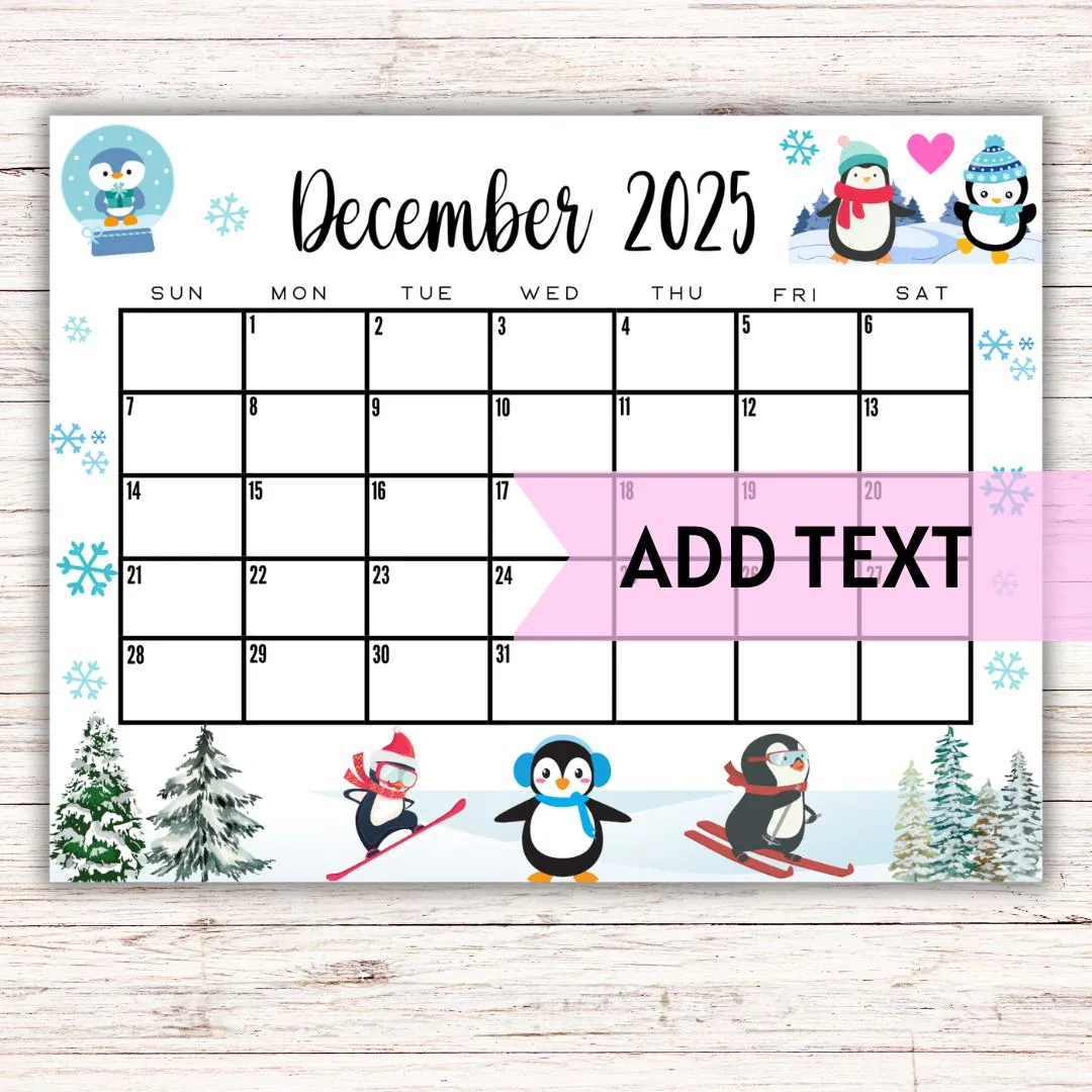 EDITABLE Printable December Calendar 2025 Cute Christmas Penguin 
