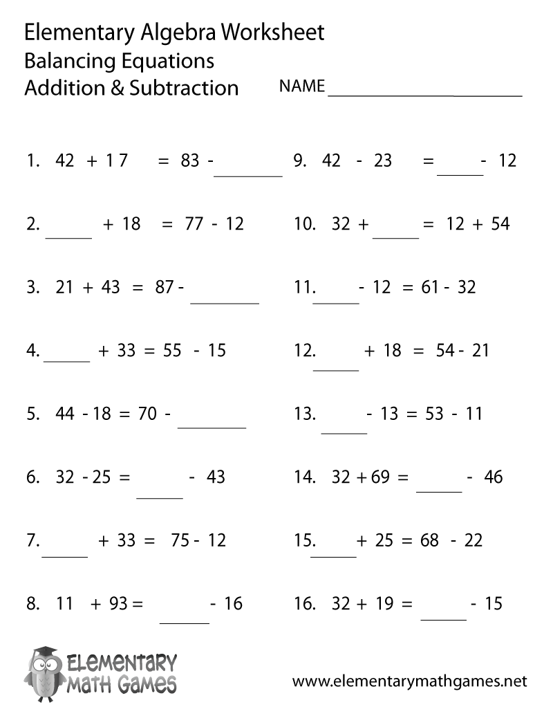 Elementary Algebra Balancing Equations Worksheet Printable Math 