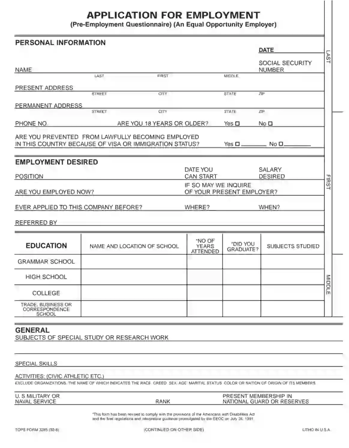 Job Application Template Printable