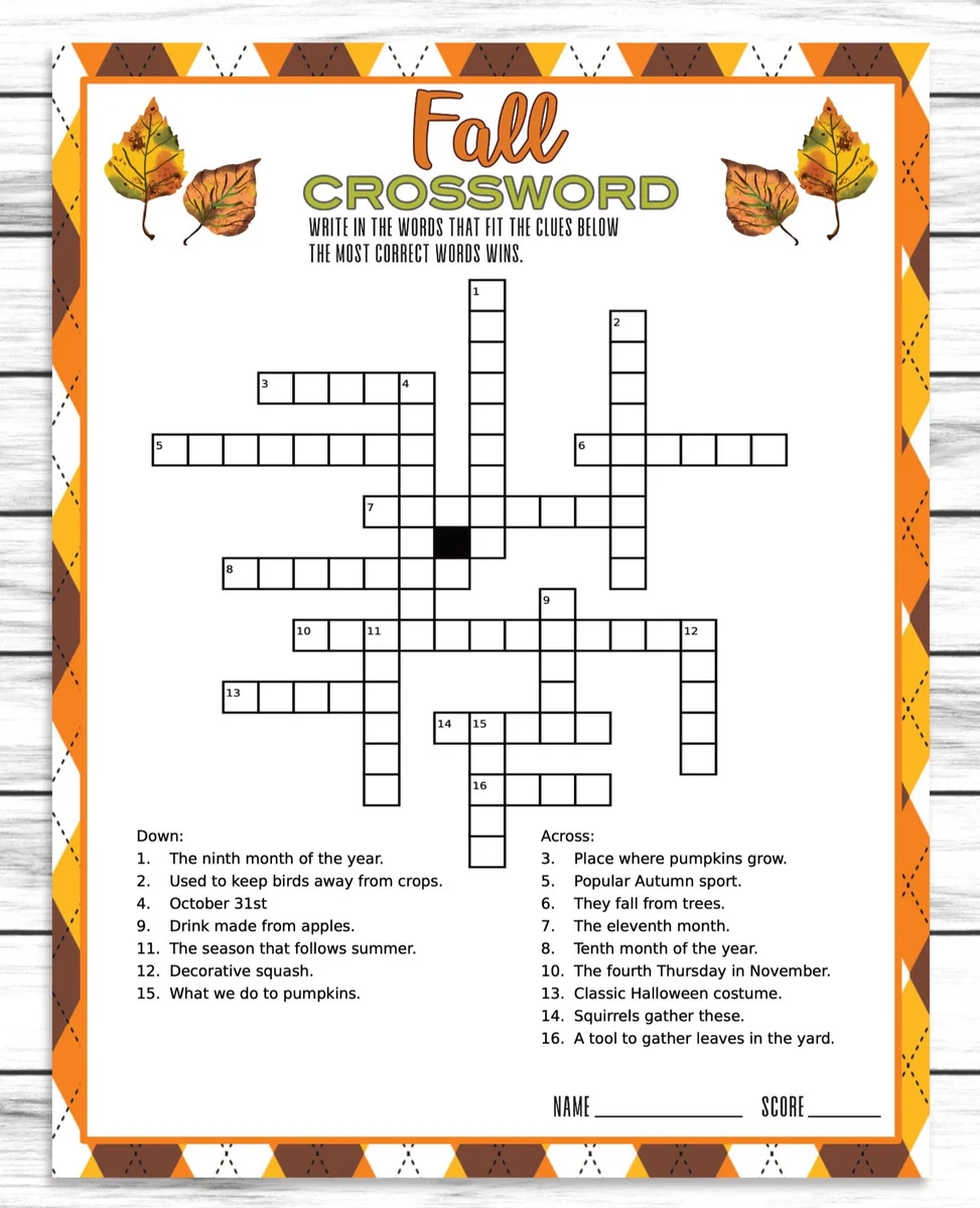 November Crossword Puzzles Printable
