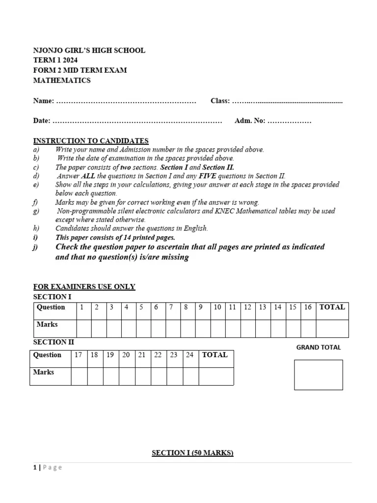 form 2 mid term 1 exam pdf mathematics