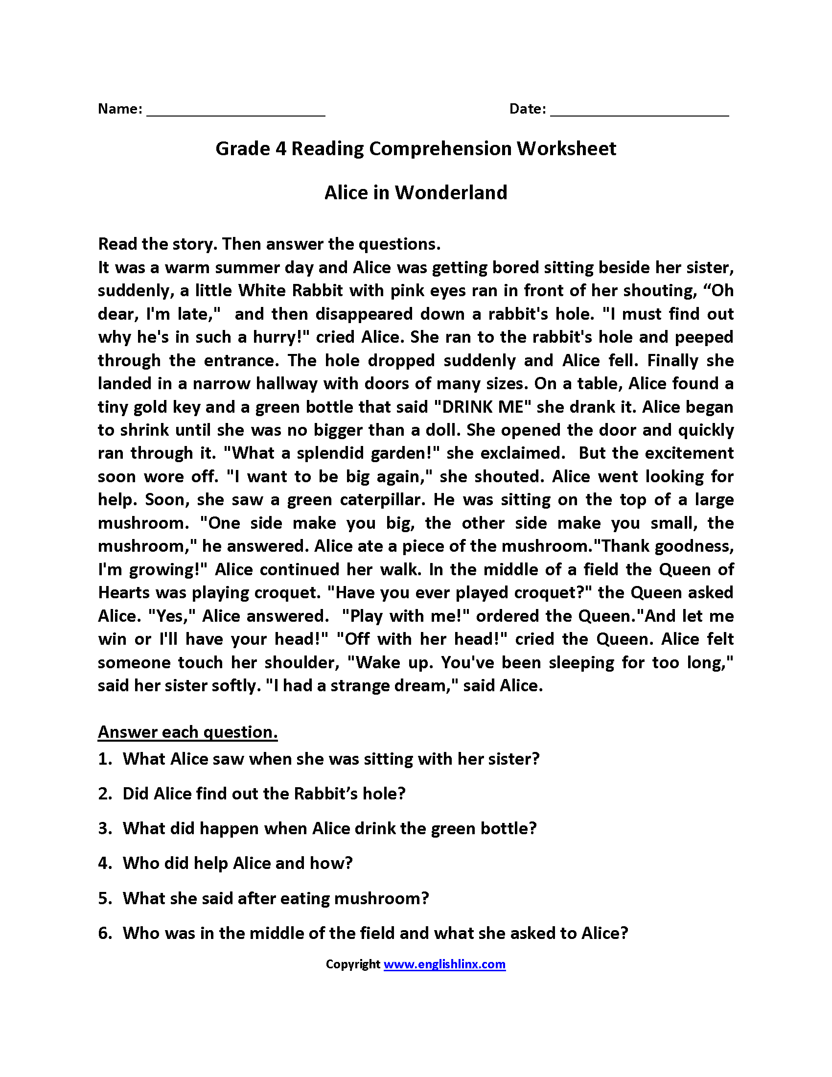 Printable Reading Worksheets Grade 4