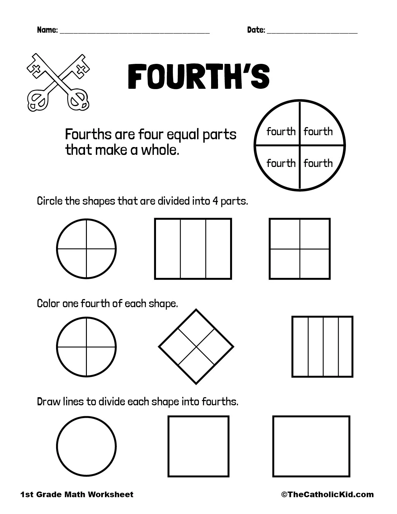 Fractions Fourths Quarters 1st Grade Math Worksheet Catholic 